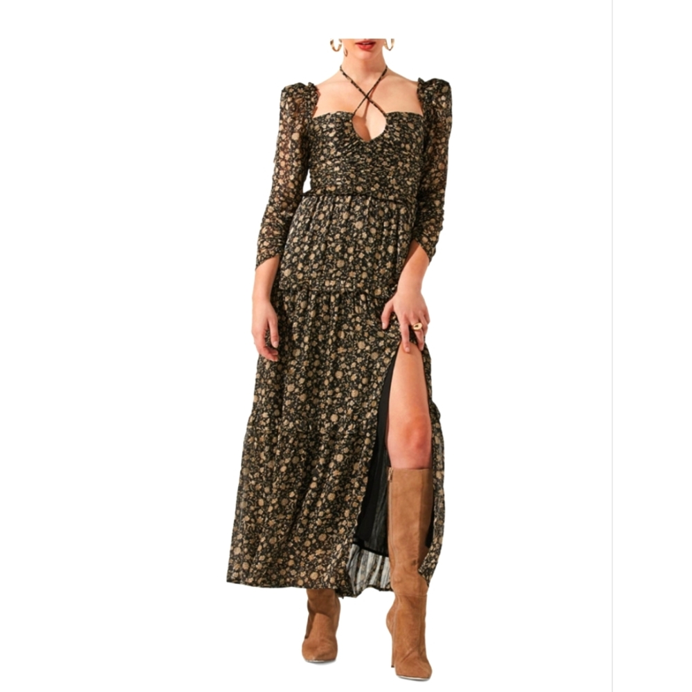 ASTR the Label. Women's Printed Love-Struck Smocked-Back Slit-Front Keyhole Dres
